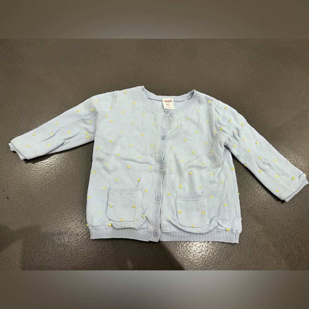 Seed Heritage cotton cardigan pale blue with yellow dots 12-18 months